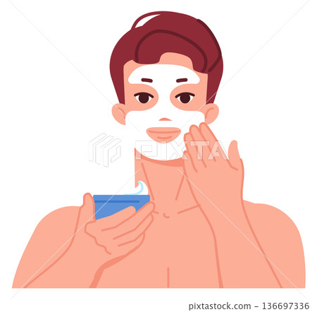 Man apply face cream. Male cosmetic product mascot Man apply face cream. Male cosmetic product mascot 136697336