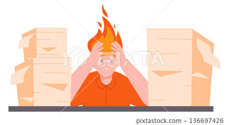 Office work stress. Overload employee sit at full desk Office work stress. Overload employee sit at full desk 136697426
