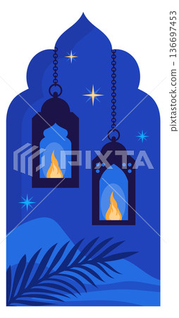 Festival ramadan light in ornate frame. Eastern holiday window Festival ramadan light in ornate frame. Eastern holiday window 136697453