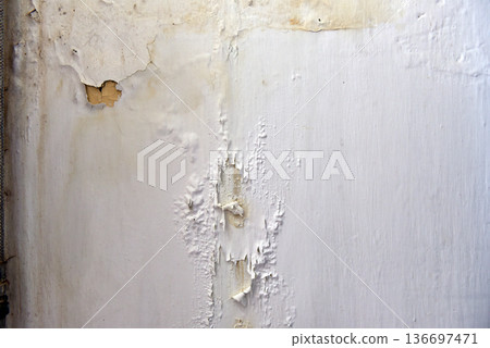 Severe water damage and mold growth on a bathroom ceiling and wall Severe water damage and mold growth on a bathroom ceiling and wall 136697471
