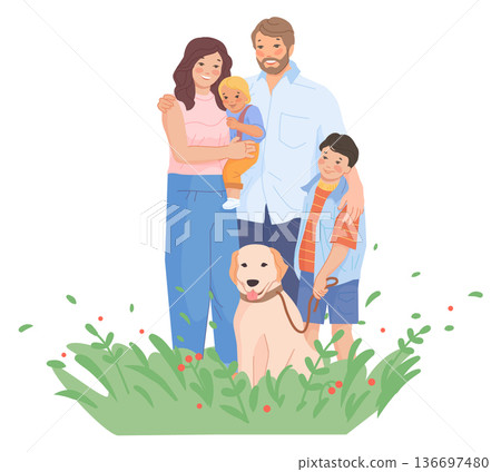 Happy family together. Parents and kids with dog. Happy family together. Parents and kids with dog. 136697480