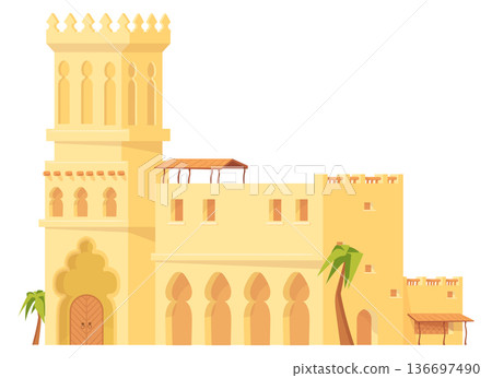 Stone facade in eastern arabic style. Islamic architecture Stone facade in eastern arabic style. Islamic architecture 136697490