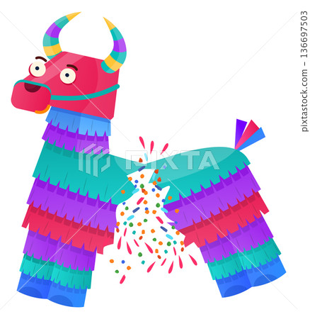 Broken party pinata. Cartoon paper animal toy Broken party pinata. Cartoon paper animal toy 136697503