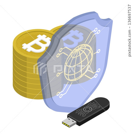 Isometric Bitcoin digital currency and cryptographic key flash drive protected by the blockchain network. Isolated cartoon vector concept on white background top view Isometric Bitcoin digital currency and cryptographic key flash drive protected by the blockchain network. Isolated cartoon vector concept on white background top view 136697537