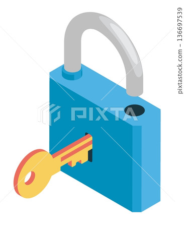 Isometric key opens the padlock. Isolated cartoon vector concept on white background top view Isometric key opens the padlock. Isolated cartoon vector concept on white background top view 136697539
