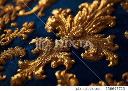 厚重的金線刺繡與皇家藍色天鵝絨底布 136697723