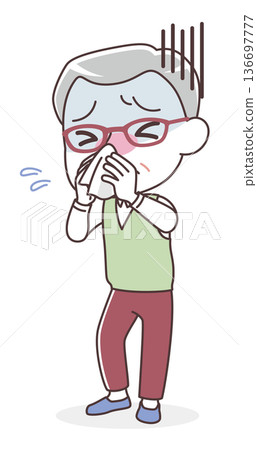 Illustration of a senior man blowing his nose with a tissue (cold, runny nose, hay fever) Illustration of a senior man blowing his nose with a tissue (cold, runny nose, hay fever) 136697777