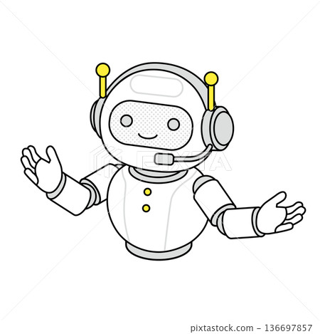 Isometric line drawing illustration of a chatbot robot giving guidance 136697857