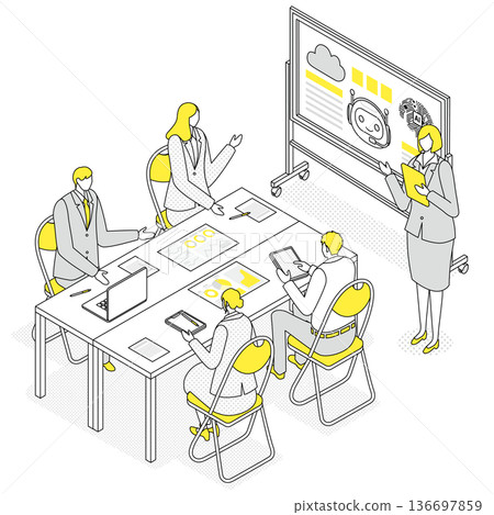 Isometric illustration of people at a business meeting discussing the introduction of AI 136697859