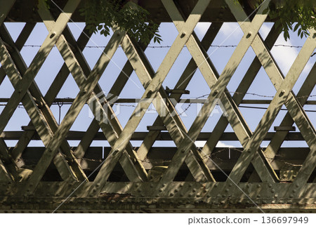 Natural light filters through the bolted steel plates and dense X-shaped bracing, hallmarks of Victorian engineering. Natural light filters through the bolted steel plates and dense X-shaped bracing, hallmarks of Victorian engineering. 136697949