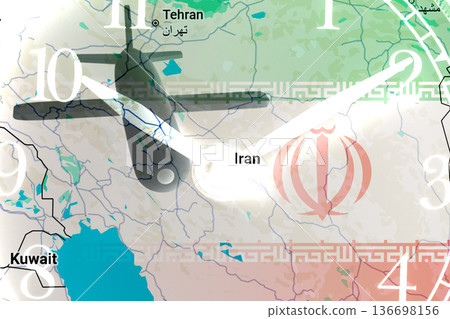 USA IRAN. Flag of Iran and the United States on the background of a cruise missile and a map of Iran. Tensions in relations between the two countries. Negotiations on Iran's nuclear program USA IRAN. Flag of Iran and the United States on the background of a cruise missile and a map of Iran. Tensions in relations between the two countries. Negotiations on Iran's nuclear program 136698156