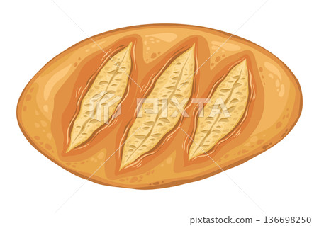 Bread loaf top view vector hand drawn illustration. Italian food cartoon drawing for cafe menu and restaurant template. Isolated baguette with crusty scratch drawing perfect for culinary book graphic. Bread loaf top view vector hand drawn illustration. Italian food cartoon drawing for cafe menu and restaurant template. Isolated baguette with crusty scratch drawing perfect for culinary book graphic. 136698250