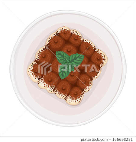 Tiramisu cake top view vector cartoon illustration. Italian food dessert with chocolate and mint for mediterranean cafe menu and template. Isolated pastry drawing perfect for delivery graphic. 136698251