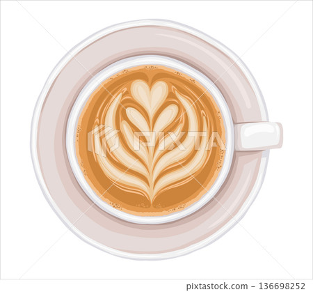 Cappuccino coffee cup top view vector cartoon illustration. Italian beverage with heart shape foam for mediterranean cafe menu and template. Isolated drink drawing perfect for food design graphic. Cappuccino coffee cup top view vector cartoon illustration. Italian beverage with heart shape foam for mediterranean cafe menu and template. Isolated drink drawing perfect for food design graphic. 136698252