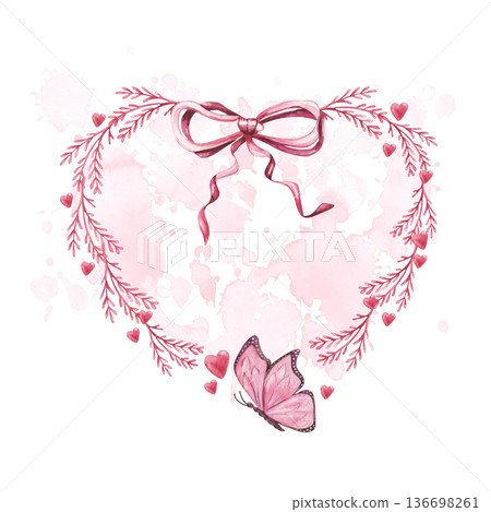 Heart Shaped Pink Floral Frame with Bow Watercolor Illustration 136698261