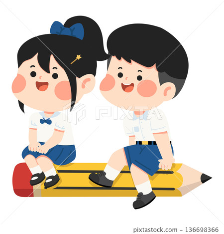 Boy And Girl Students Sitting On Giant Pencil Boy And Girl Students Sitting On Giant Pencil 136698366