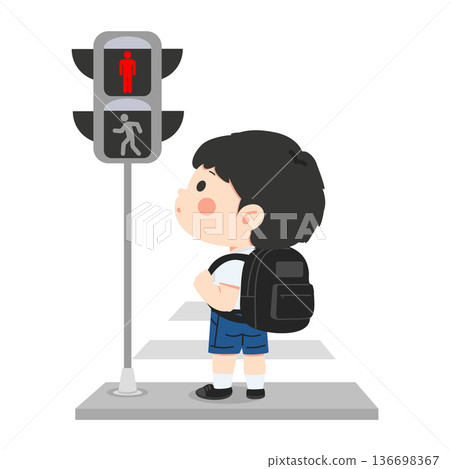 Child Waiting at Crosswalk for Green Light Child Waiting at Crosswalk for Green Light 136698367