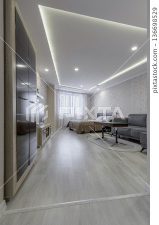 Modern Studio Apartment Interior with Living Area and Integrated Lighting Modern Studio Apartment Interior with Living Area and Integrated Lighting 136698529
