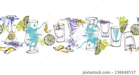 Alcoholic beverages, bar cocktails and shots with citrus and flame garnish. Turquoise and lavender seamless vector banner with ink glass silhouettes. Headers, nightlife promotions, packaging accents Alcoholic beverages, bar cocktails and shots with citrus and flame garnish. Turquoise and lavender seamless vector banner with ink glass silhouettes. Headers, nightlife promotions, packaging accents 136698537