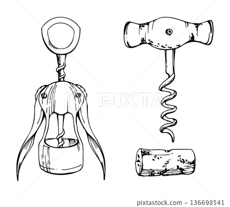 Winged corkscrew with handle and levers, T-shape with cork handle. Hand drawn in ink, detailed sketch style. Vector illustration for beverage marketing, labels, advertising, posters, bar equipment Winged corkscrew with handle and levers, T-shape with cork handle. Hand drawn in ink, detailed sketch style. Vector illustration for beverage marketing, labels, advertising, posters, bar equipment 136698541