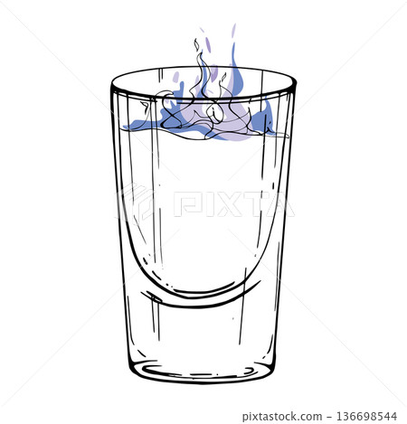 Flaming Sambuca vector shot with stylized blue flame and glossy glass hand drawn in ink. Transparent drinks, vodka, grappa. Isolated illustration hand drawn for energetic bar branding, poster design. Flaming Sambuca vector shot with stylized blue flame and glossy glass hand drawn in ink. Transparent drinks, vodka, grappa. Isolated illustration hand drawn for energetic bar branding, poster design. 136698544