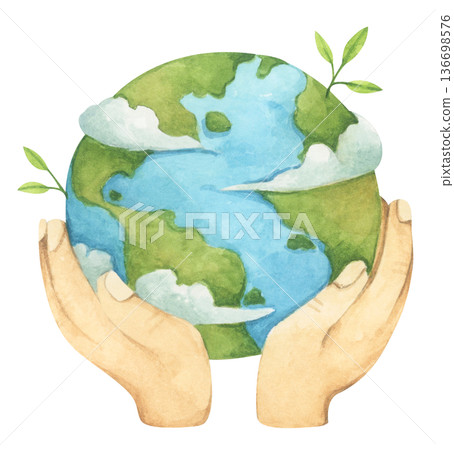 Hands holding earth watercolor illustration, earth in hands representing environmental science, conservation, environmentally friendly lifestyle, global ecology protection, clean safe healthy world. Hands holding earth watercolor illustration, earth in hands representing environmental science, conservation, environmentally friendly lifestyle, global ecology protection, clean safe healthy world. 136698576