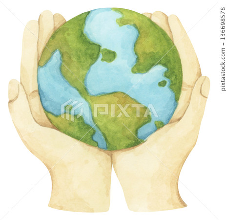 Hands holding earth watercolor illustration, earth in hands representing environmental science, conservation, environmentally friendly lifestyle, global ecology protection, clean safe healthy world. 136698578