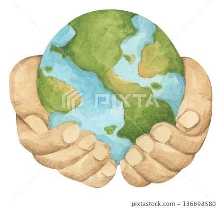 Hands holding earth watercolor illustration, earth in hands representing environmental science, conservation, environmentally friendly lifestyle, global ecology protection, clean safe healthy world. Hands holding earth watercolor illustration, earth in hands representing environmental science, conservation, environmentally friendly lifestyle, global ecology protection, clean safe healthy world. 136698580
