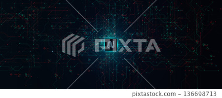 AI Chipset Artificial Intelligence Logo Background. Glow CPU Microchip Dark Tech Futuristic Circuit Pattern BG Design. Chip Board Backdrop Digital Cloud Future Data Technology. Vector illustration 136698713