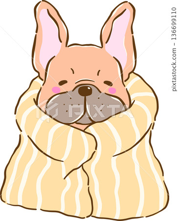 Cozy French Bulldog Work from Home Wrapped in Blanket Cartoon Hand Drawn Cozy French Bulldog Work from Home Wrapped in Blanket Cartoon Hand Drawn 136699110