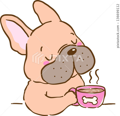French Bulldog Enjoying Coffee From Home Cartoon Hand Drawn 136699112
