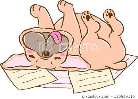 Sleepy French Bulldog Work From Home Lying Belly Up on Papers Cartoon Hand Drawn 136699116