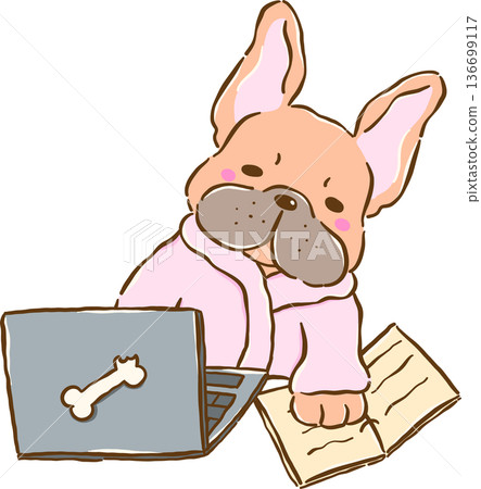 Sleepy French Bulldog Work From Home o Laptop Cartoon Hand Drawn 136699117