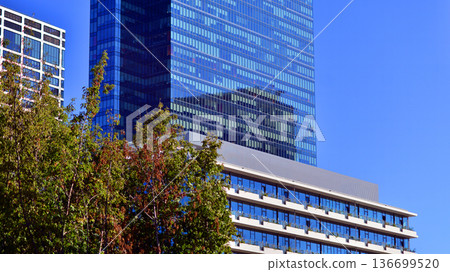 Modern sustainable glass office buildings. Exterior view of corporate headquarters glass buildings architecture.Glass windows in energy-efficient buildings. Financial business center buildings. Modern sustainable glass office buildings. Exterior view of corporate headquarters glass buildings architecture.Glass windows in energy-efficient buildings. Financial business center buildings. 136699520