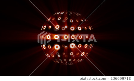 Fiery red energy sphere covered in glowing circular patterns emitting intense rays and dramatic radial light Fiery red energy sphere covered in glowing circular patterns emitting intense rays and dramatic radial light 136699718