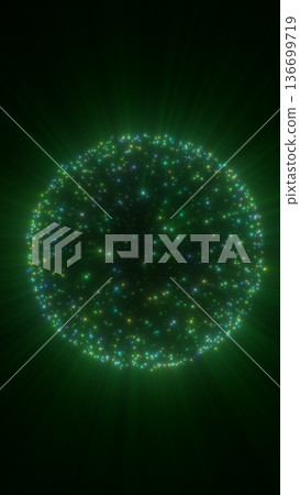 Glowing green particle sphere with radiant light rays on dark background, futuristic energy concept Glowing green particle sphere with radiant light rays on dark background, futuristic energy concept 136699719
