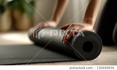 Close up of female hands rolling out yoga mat in cozy home interior 136699856