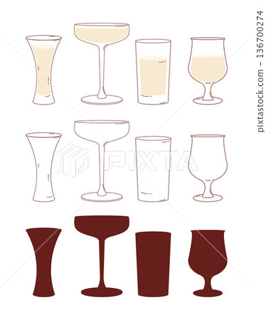 Cocktail Glassware Hand Drawn Set. Isolated Empty Outline and Silhouette Variations Drawings. Vector Illustration Cocktail Glassware Hand Drawn Set. Isolated Empty Outline and Silhouette Variations Drawings. Vector Illustration 136700274