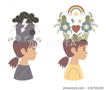 Mental Health. Young Girl with Different Wellness States. Before and After Therapy. Comparison Concept featuring Blooming Garden and Thunderstorm. Child Harmony. Vector Flat Illustration. Not AI Mental Health. Young Girl with Different Wellness States. Before and After Therapy. Comparison Concept featuring Blooming Garden and Thunderstorm. Child Harmony. Vector Flat Illustration. Not AI 136700280