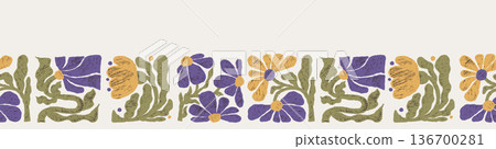 Matisse Inspired Seamless Floral Border. Abstract Hand-Drawn Flowers With Hatching Textures On Light Background, Horizontal Botanical Pattern Ribbon. Vector contemporary nostalgic Illustration Matisse Inspired Seamless Floral Border. Abstract Hand-Drawn Flowers With Hatching Textures On Light Background, Horizontal Botanical Pattern Ribbon. Vector contemporary nostalgic Illustration 136700281
