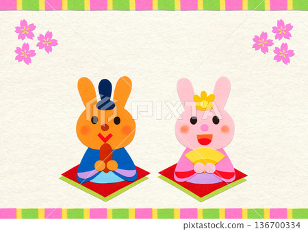 Hinamatsuri Rabbit Hina Dolls and Cherry Blossom Collage Illustration Background Material / Horizontal A4 136700334