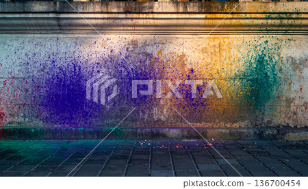 Old Concrete Wall Covered in Colorful Abstract Paint Splatters and Grunge Texture 136700454