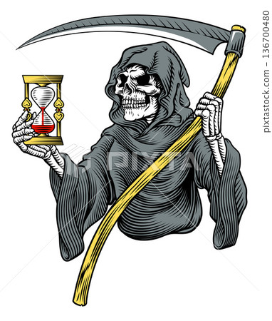 Grim Reaper Death Skeleton Vintage Woodcut Style Grim Reaper Death Skeleton Vintage Woodcut Style 136700480