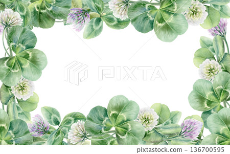 White and lilac clover flowers and leaves in frame template,symbolizing bloom,new life,and luck for newlyweds.Soft watercolor for wedding,invites,joyful seasonal festive of St Patricks Day White and lilac clover flowers and leaves in frame template,symbolizing bloom,new life,and luck for newlyweds.Soft watercolor for wedding,invites,joyful seasonal festive of St Patricks Day 136700595
