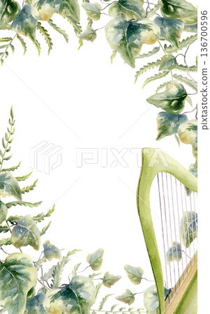Fern leaves,ivy twigs in corner frame of mysterious,green wooden harp,iconic national symbol of Ireland,Saint Patricks Day.Watercolor,woodland branding,magical storytelling,forest themed card template Fern leaves,ivy twigs in corner frame of mysterious,green wooden harp,iconic national symbol of Ireland,Saint Patricks Day.Watercolor,woodland branding,magical storytelling,forest themed card template 136700596