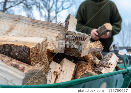 Rural Winter Lifestyle and Firewood Preparation. 136700617