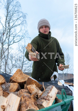 Rural Winter Lifestyle and Firewood Preparation. 136700623