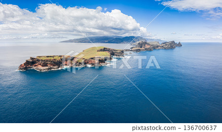 Aerial drone panorama faces Madeira from Ponta de Sao Lourenco, with volcanic cliffs 136700637