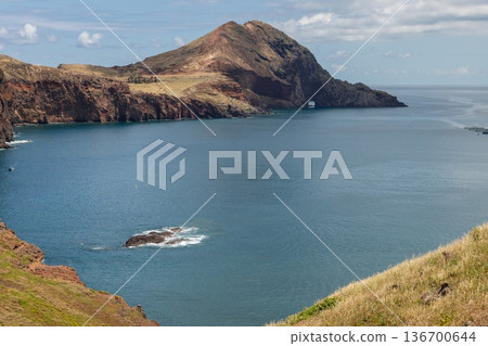 Open sea panorama near Ponta de Sao Lourenco, Madeira, with distant cliffs framing a quiet ocean Open sea panorama near Ponta de Sao Lourenco, Madeira, with distant cliffs framing a quiet ocean 136700644
