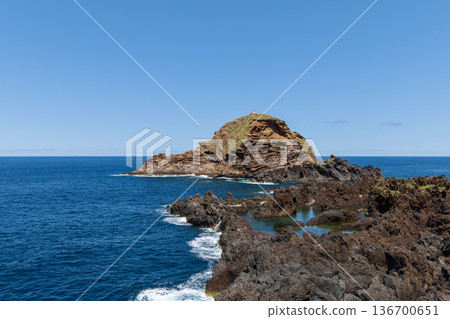 Porto Moniz volcanic bathing pools, Madeira Portugal, calm Atlantic seawater fills basalt basins 136700651